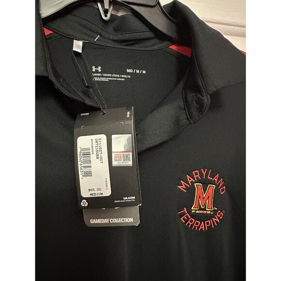 Size M Mens Under Armour Maryland Terrapins Gameday Polo Shirt Logo Black Red - Picture 4 of 4